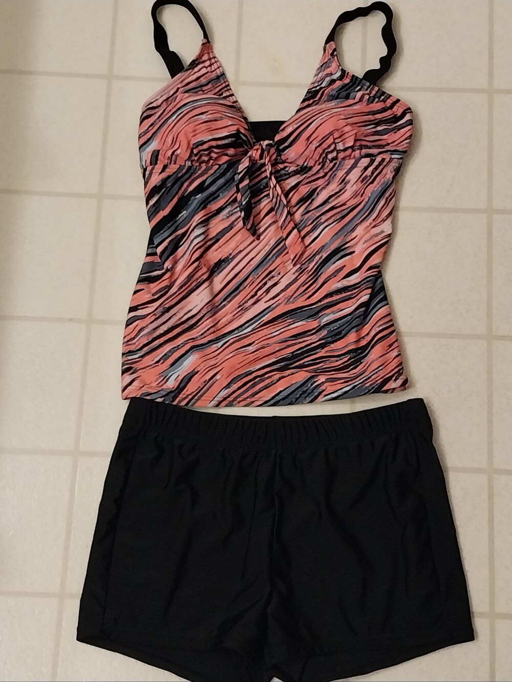 Coral Multi-Stripe Tankini Top with Black Swim Shorts